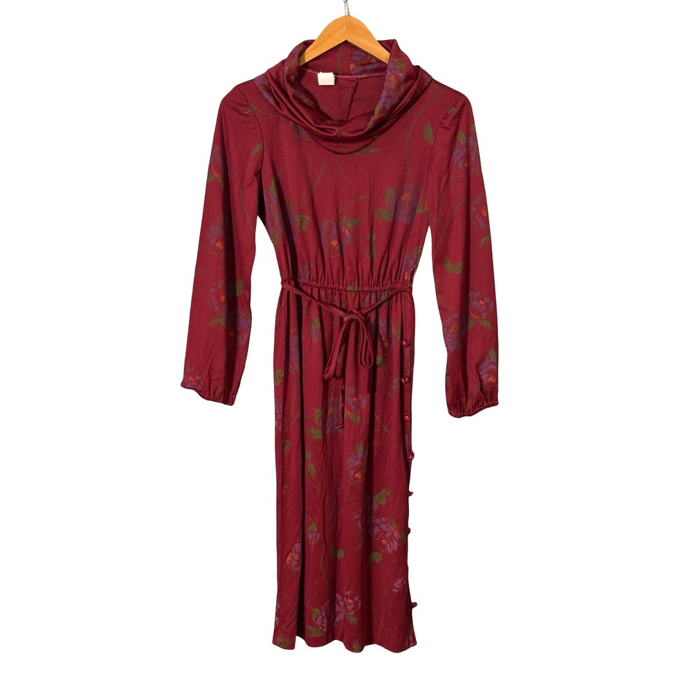 Vintage Floral Cowl Neck Midi Dress‎ Size 3 Burgundy Long Sleeve Elastic Waist
